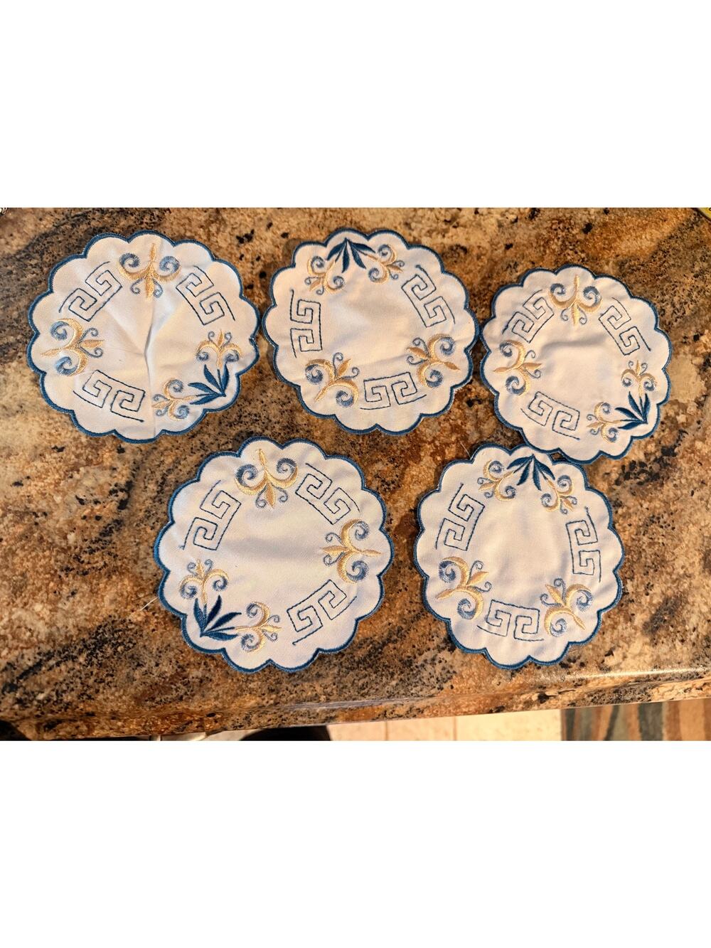 10 blue embroidered doilies Vintage Blue Gold Scalloped Cocktail Napkin